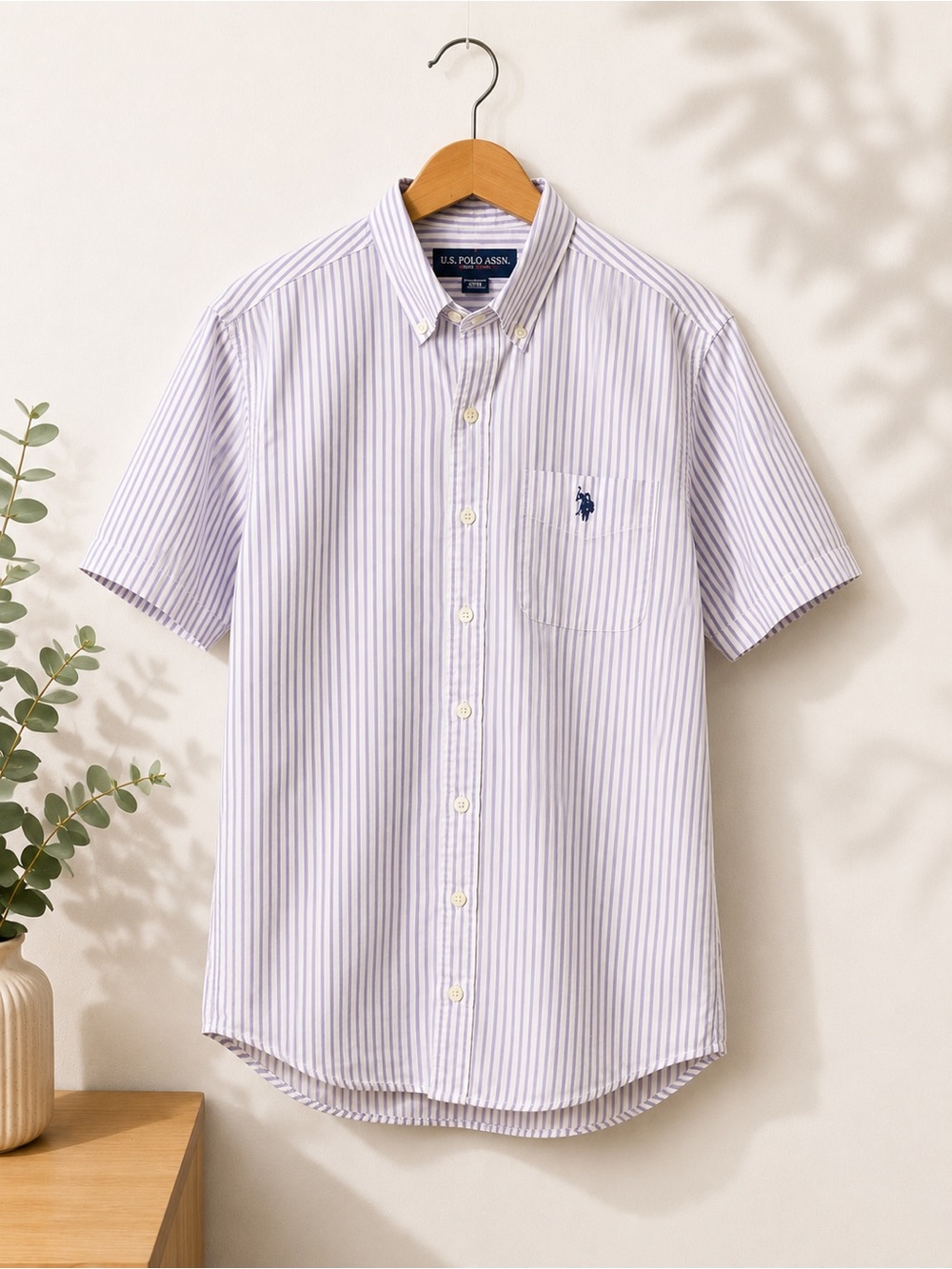 U.S. Polo Assn. Men's Short Sleeve Button-Down White with Light Purple Stripes